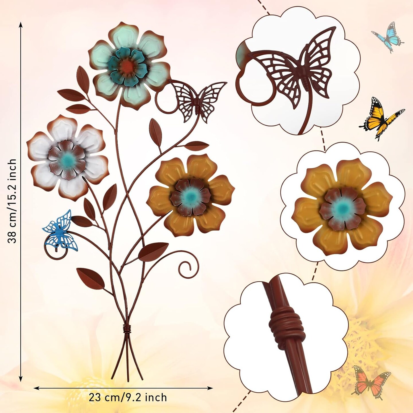 Tricolor Flower Wall Decor Vintage Metal Wall Art Decor Rustic Hanging Flowers Decorative Metal Floral Art for Home Living Room Bathroom Indoor Outdoor, 15 x 9.1 Inch(1 Piece)