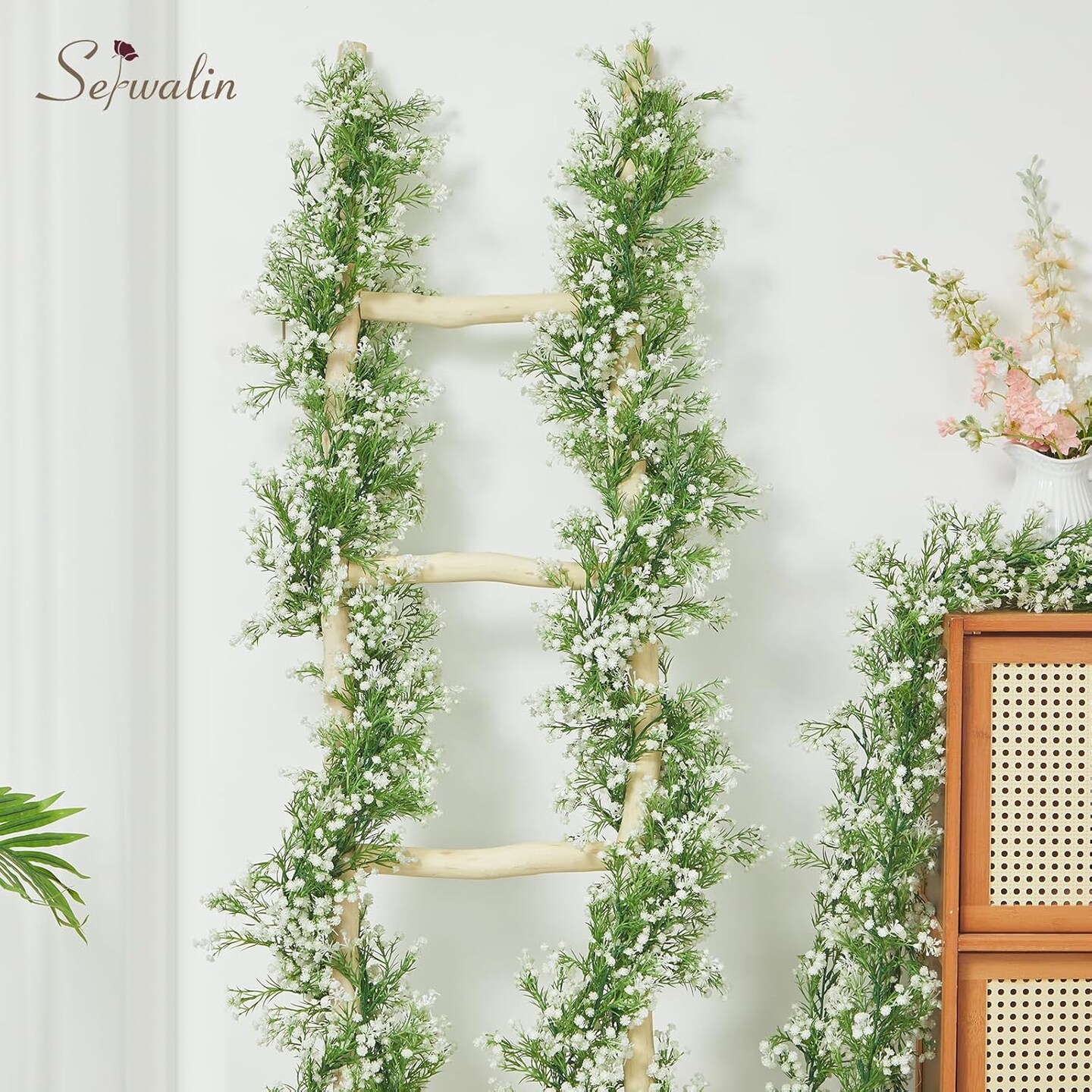 2Pcs 5.9 Ft Babys Breath Garland, 162 Branches White Artificial Baby Breath Spring Flower Vines, Faux Garland Real Touch Gypsophila Hanging Flower Vines for Wedding Arch Party Table Home Wall Decor