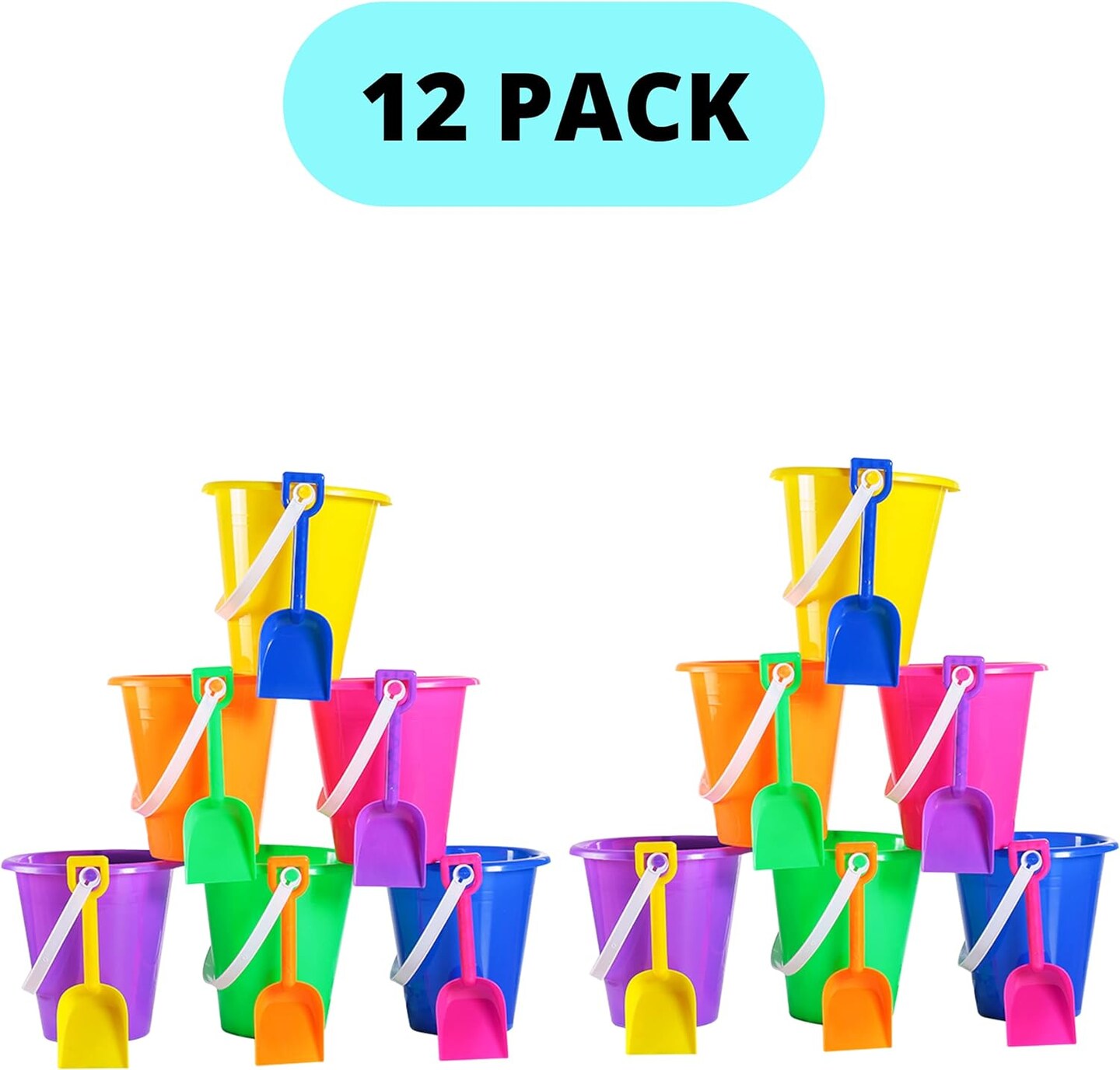 4E&#x27;s Novelty 12 Pack Beach Buckets with Shovels Bulk &#x2013; 7&#x22; Sand Buckets &#x26; Shovels for Sand &#x26; Outdoor Play