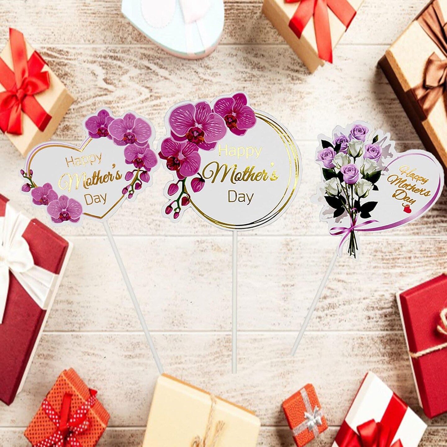 24pcs Happy Mother's Day Cupcake Toppers, Heart Round Butterfly Orchid Rose Flower Cupcake Picks, Cake Decoration for Birthday Mother's Day Party Favors Supplies Favors