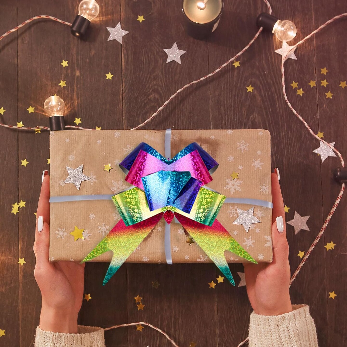 30 PCS Pull Bows,6 Inch Large Rainbow Laser Color Birthday Gift Present Wrapping Ribbon for Mother's Day Basket Box Decor Party Supplies Wine Bottles Gift Decorations