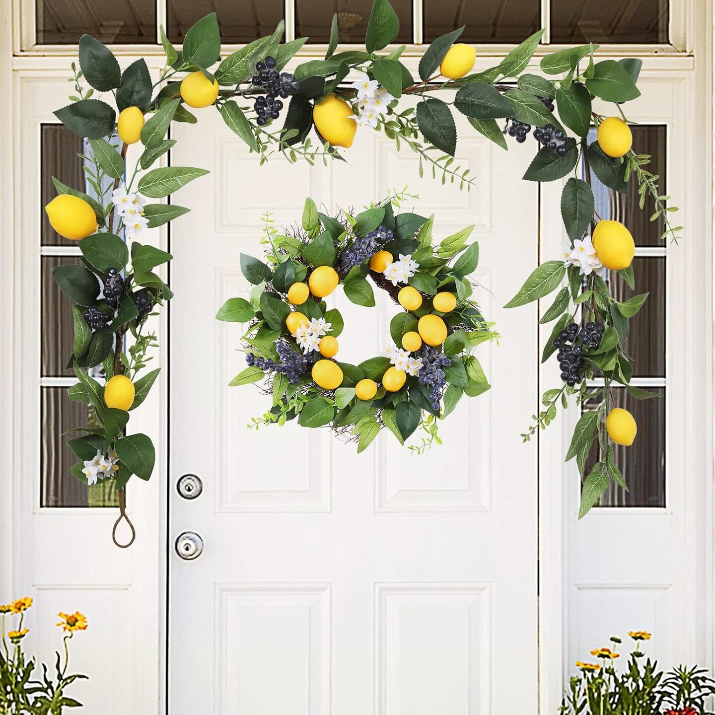6FT Artificial Lemon Blueberry Garland, Spring Summer Fruit Garland with Lemons Blueberries Greenery Leaves Flowers, Yellow Lemon Garland for Home Front Door Kitchen Wedding Party Decor