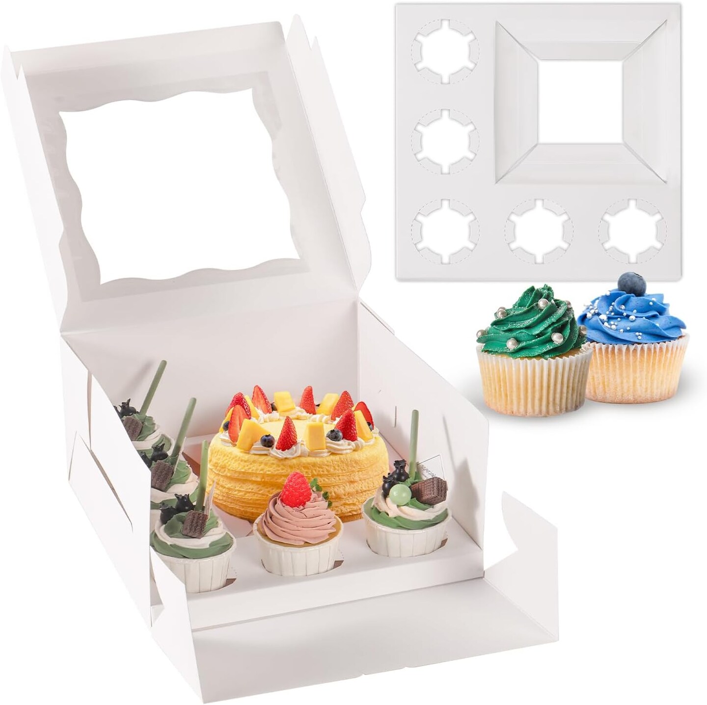 8-Pack 1+5 Cupcake & Cake Boxes – Clear Window, Insert & Stickers