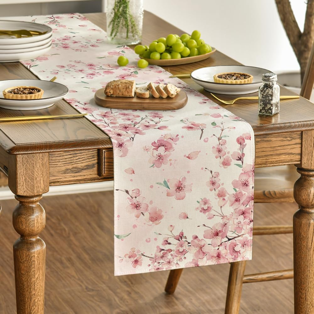 Floral Cherry Blossoms Branches Summer Table Runner, Seasonal Spring Kitchen Dining Table Decoration for Home Party Decor 13x72 Inch