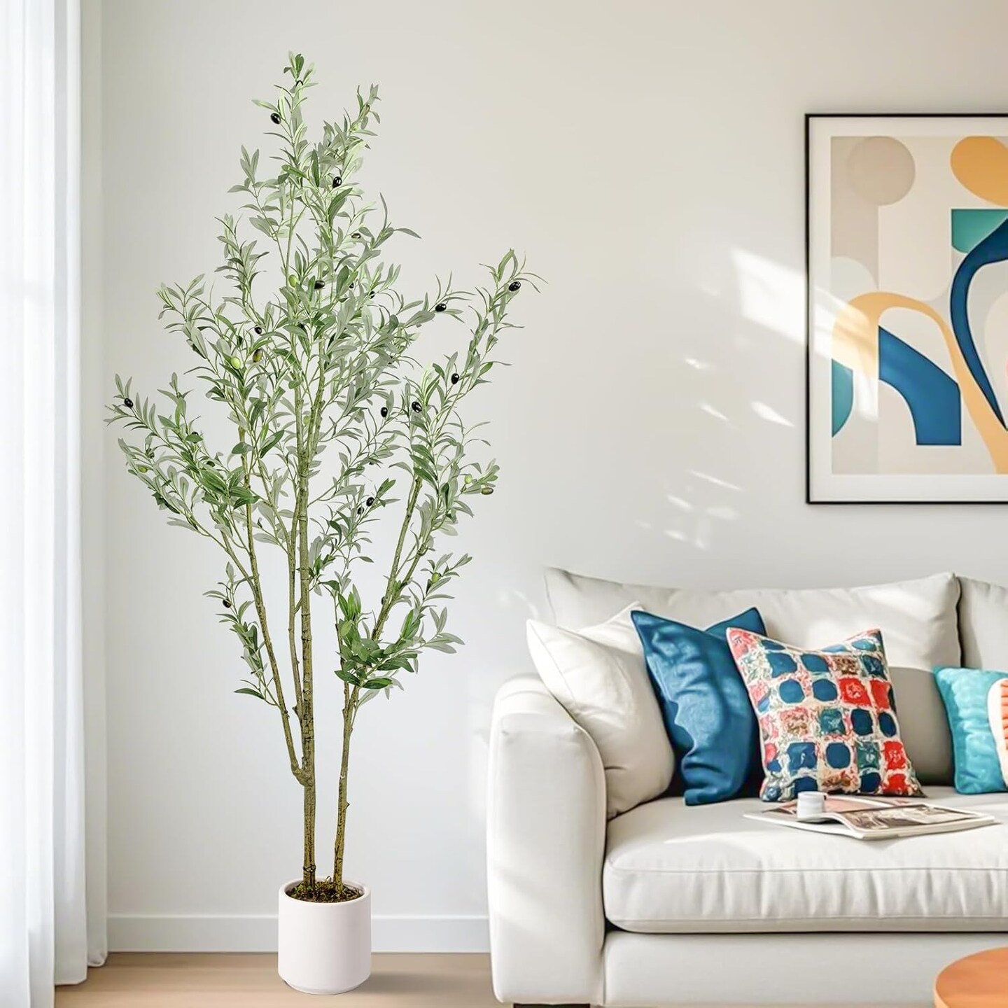 Olive Trees Artificial Indoor 6ft 1Pack - Artificial Plants with White Pot - Artificial Tree for Home Office Living Room Corner