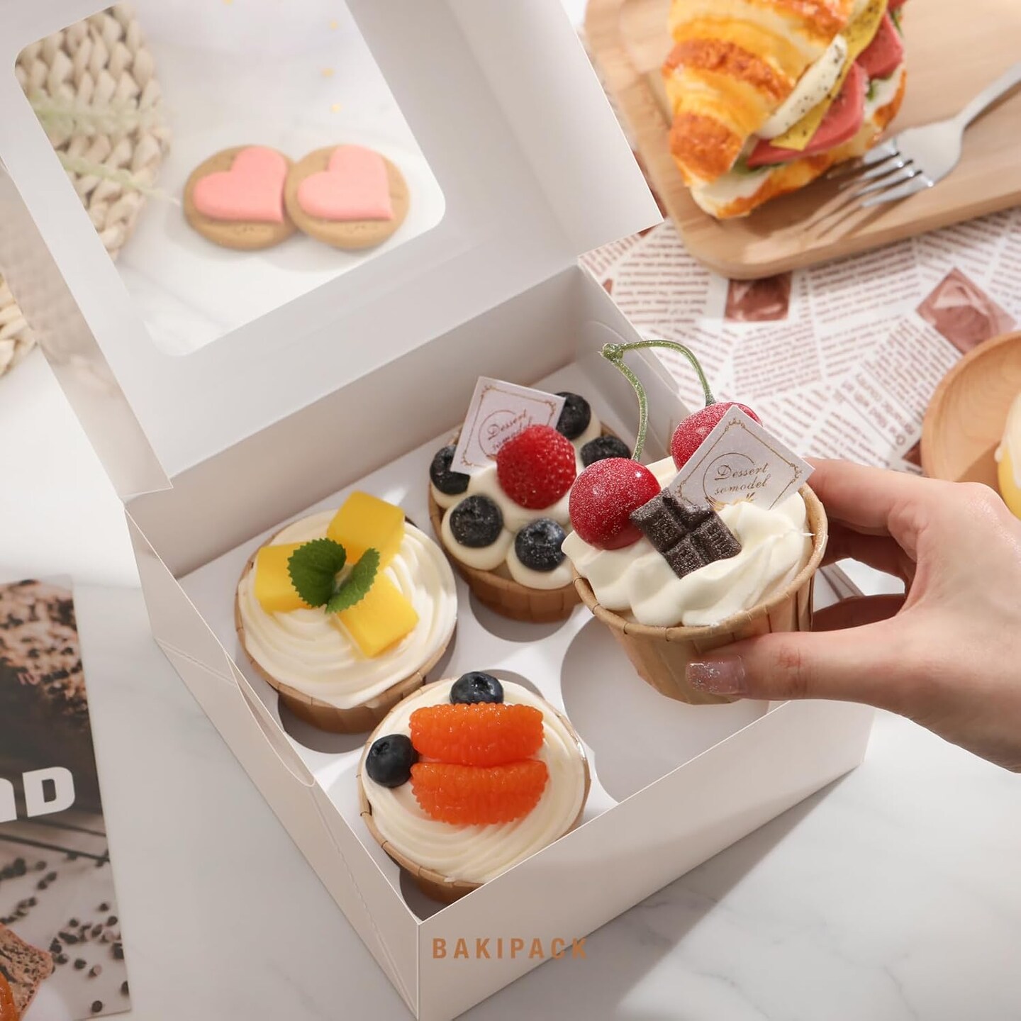 25-Pc White 4-Cupcake Boxes – Window & Inserts, 6.3×6.3×3in, Bakery Use