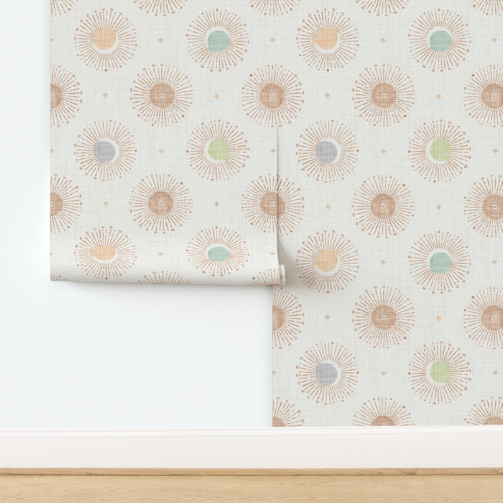 Boho Baby Kids Celestial Sun Stars Moon Sky Sunburst Bohemian Moonbeams Crosshatch Dots Lines Neutral Earth Tones Crescent Custom Removable Wallpaper by Spoonflower Peel & Stick Wallpaper 2FT Wide
