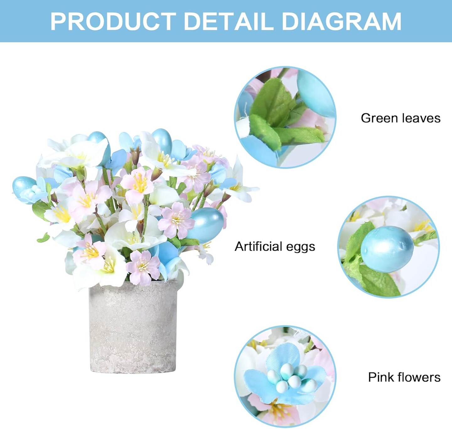 Easter Decorations, 2PCS Artificial Easter Blue Flower Egg Potted Table Decorations, for Home Farmhouse Fireplace Holiday Spring Party Decor.