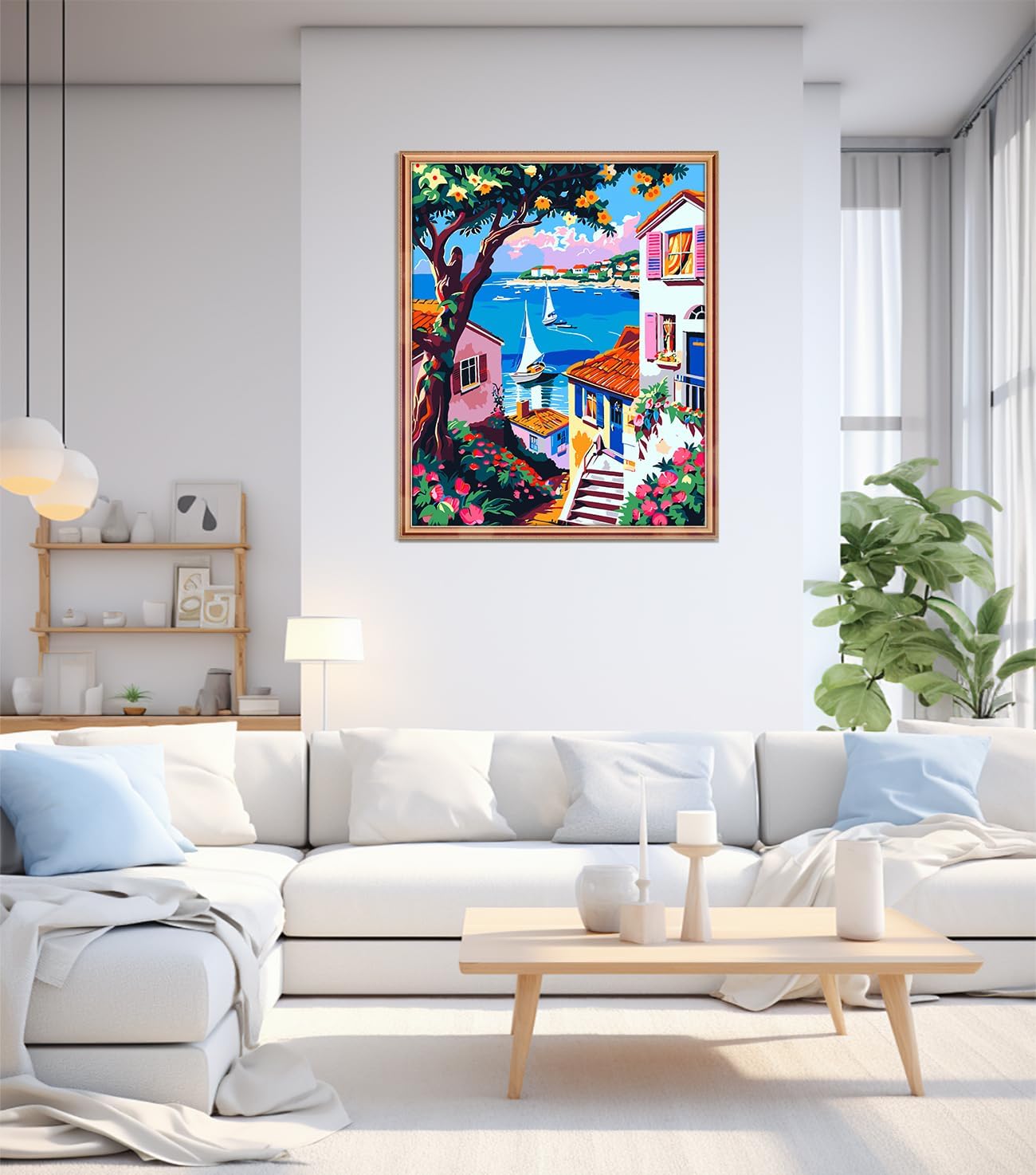 Paint by Numbers for Adults Beginner Seaside Village, Flower Oil Painting Canvas Kits with 3 Pcs Brushes, Easy Number Painting for Adults for Home Wall Art Decor (16x20inch)