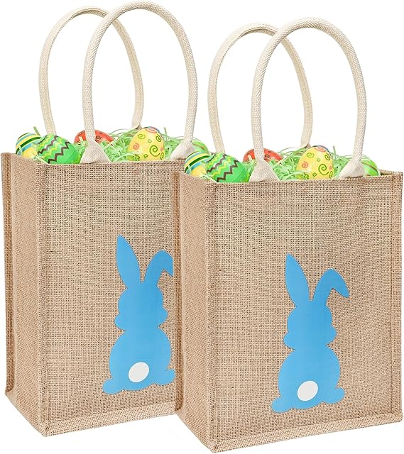 Easter Tote Bag for Kids Reusable Blue Bunny Basket for Egg Hunt Linen ...