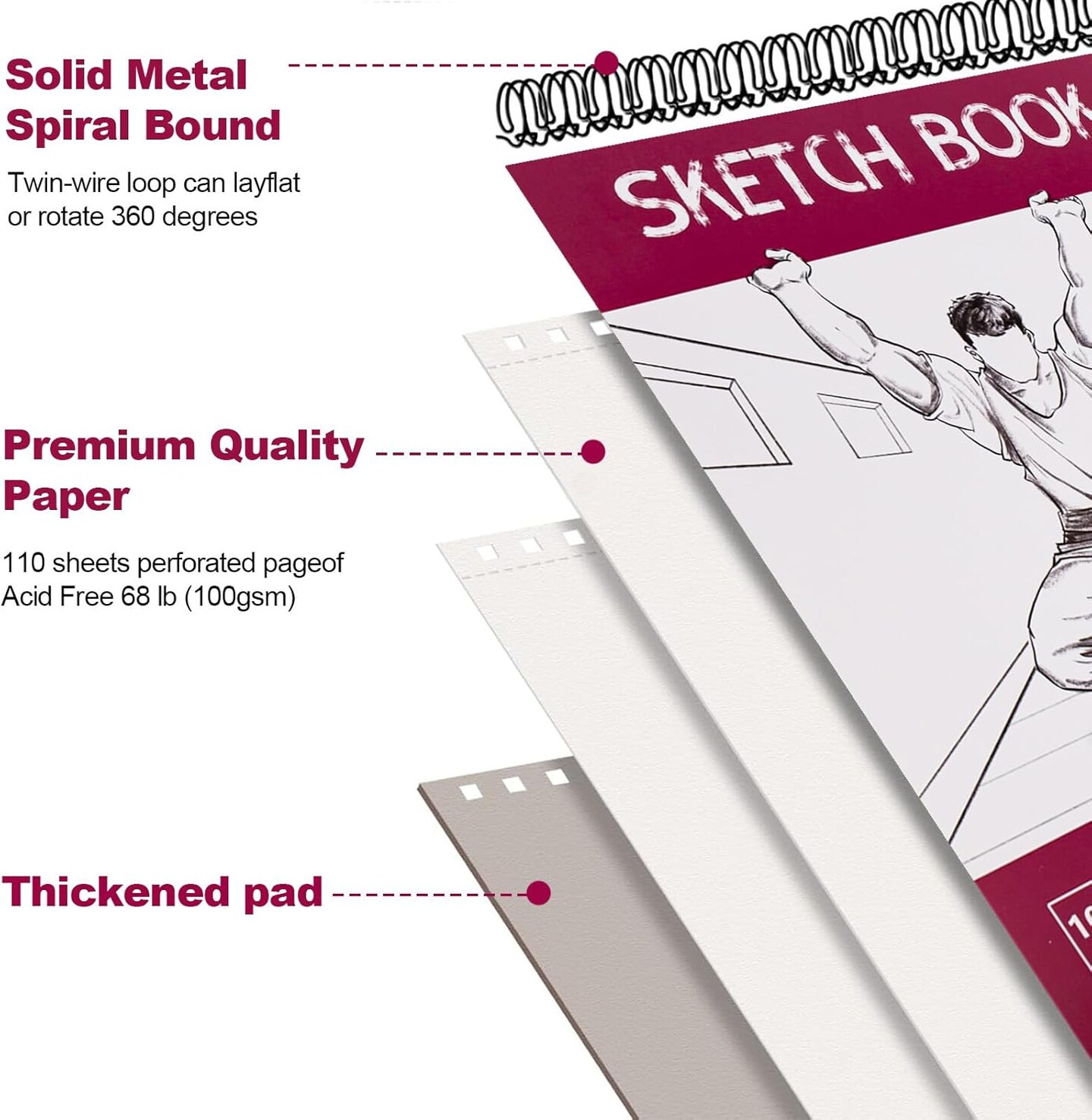 9x12 Inch Spiral Bound Sketchbook 110Page 68lb/100gsm AcidFree Paper for Drawing Painting Writing Mixed Media Art Supplies(1 Pack)