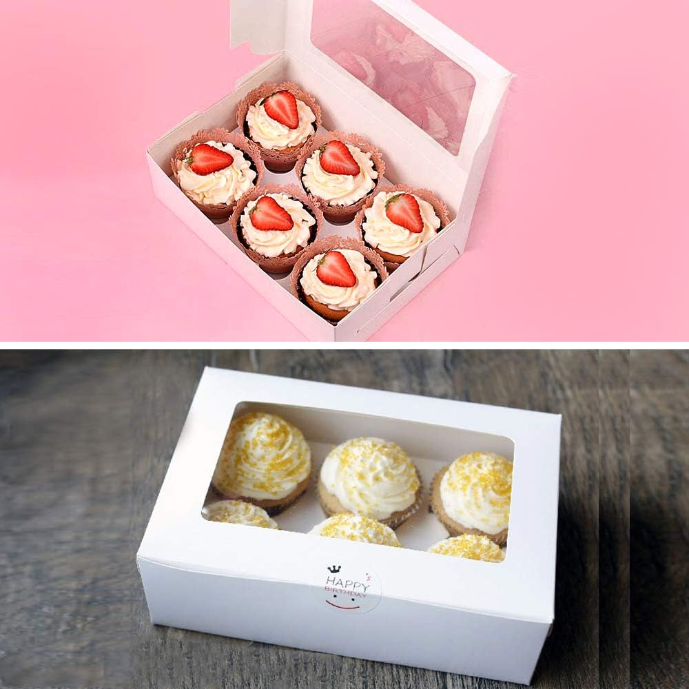 20Pack White Cupcake Boxes with Inserts 6 Holders,White Standard Bakery Boxes with Pvc Window,Cupcake Containers Bakery Cake Box,Auto-Popup Cupcake Containers Carriers Bakery Cake Box(9x6x3inch)