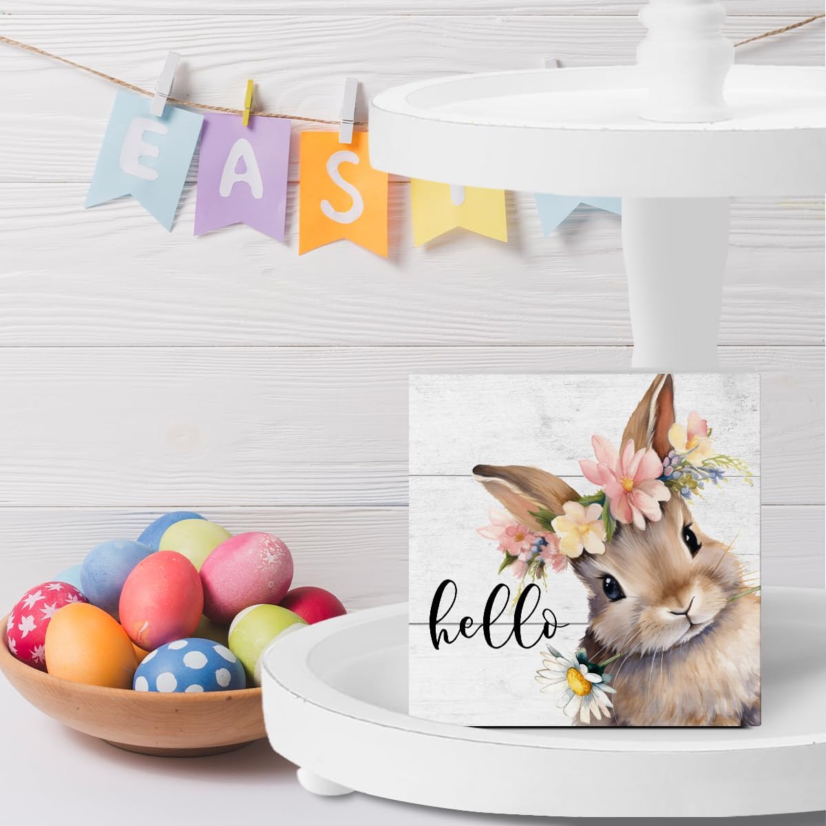 Rustic Spring Easter Decorations Bunny Rabbit Wreath Desk Decor Cute Hello Wood Box Sign Farmhouse Home Office Desk Shelf Cubicle Decor 5 X 5 Inch