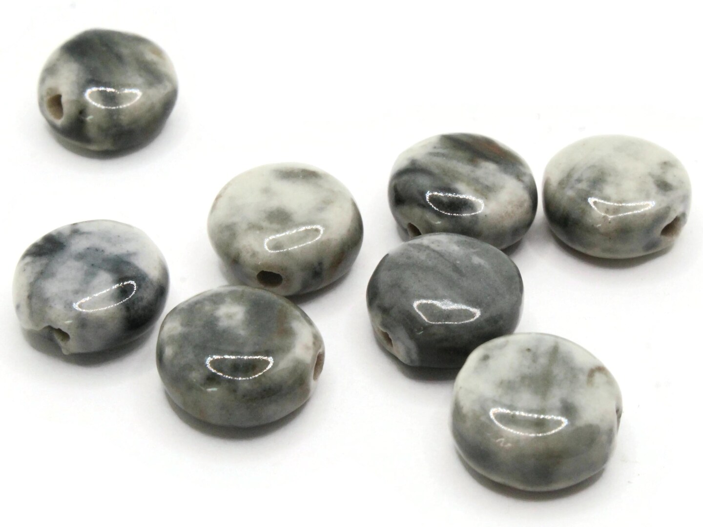 8 15mm Light and Dark Gray Ceramic Coin Large Hole Beads