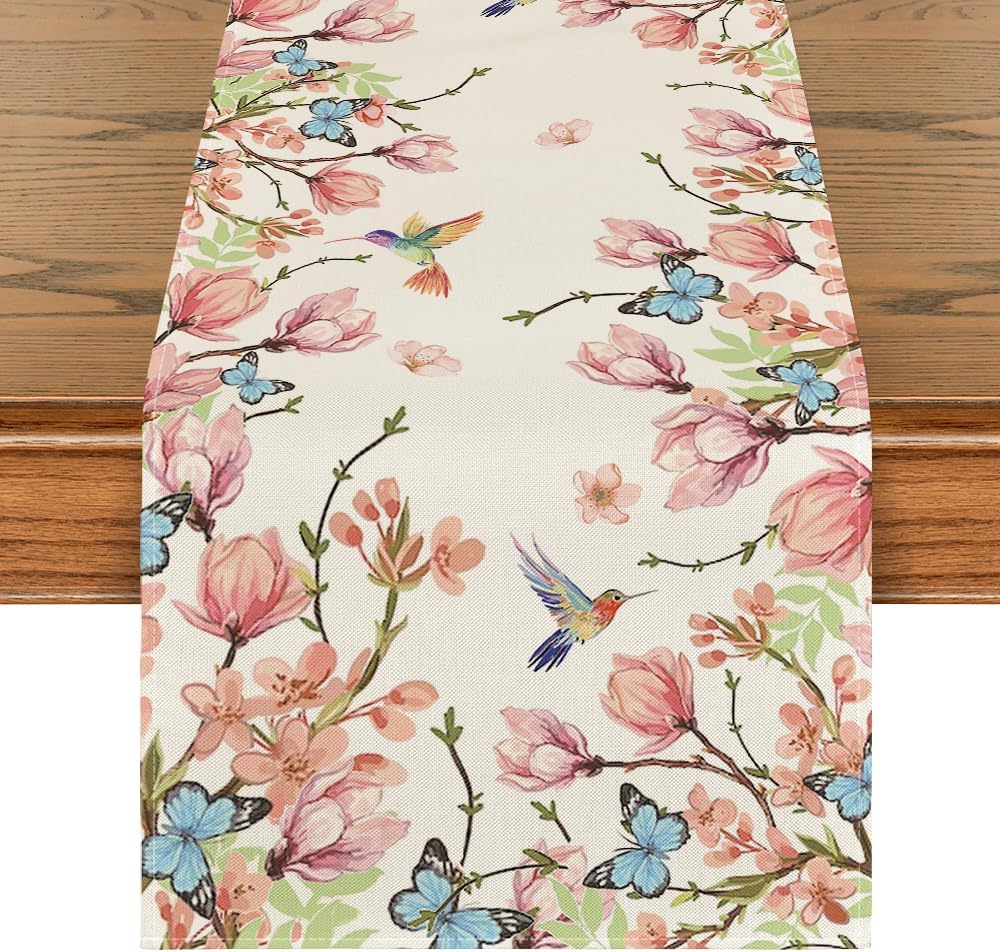 Flowers Bird Butterfly Spring Table Runner, Seasonal Kitchen Dining Table Decoration for Home Party Decor 13x72 Inch