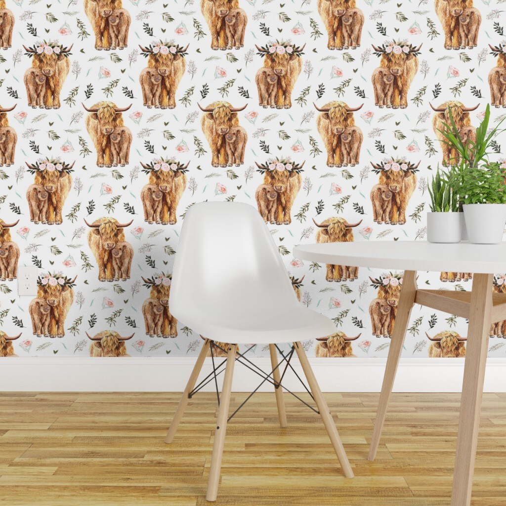 Peel &#x26; Stick Wallpaper 2FT Wide Highland Cow Scottish Shaggy Floral Baby Calf Spring Cattle Custom Removable Wallpaper by Spoonflower