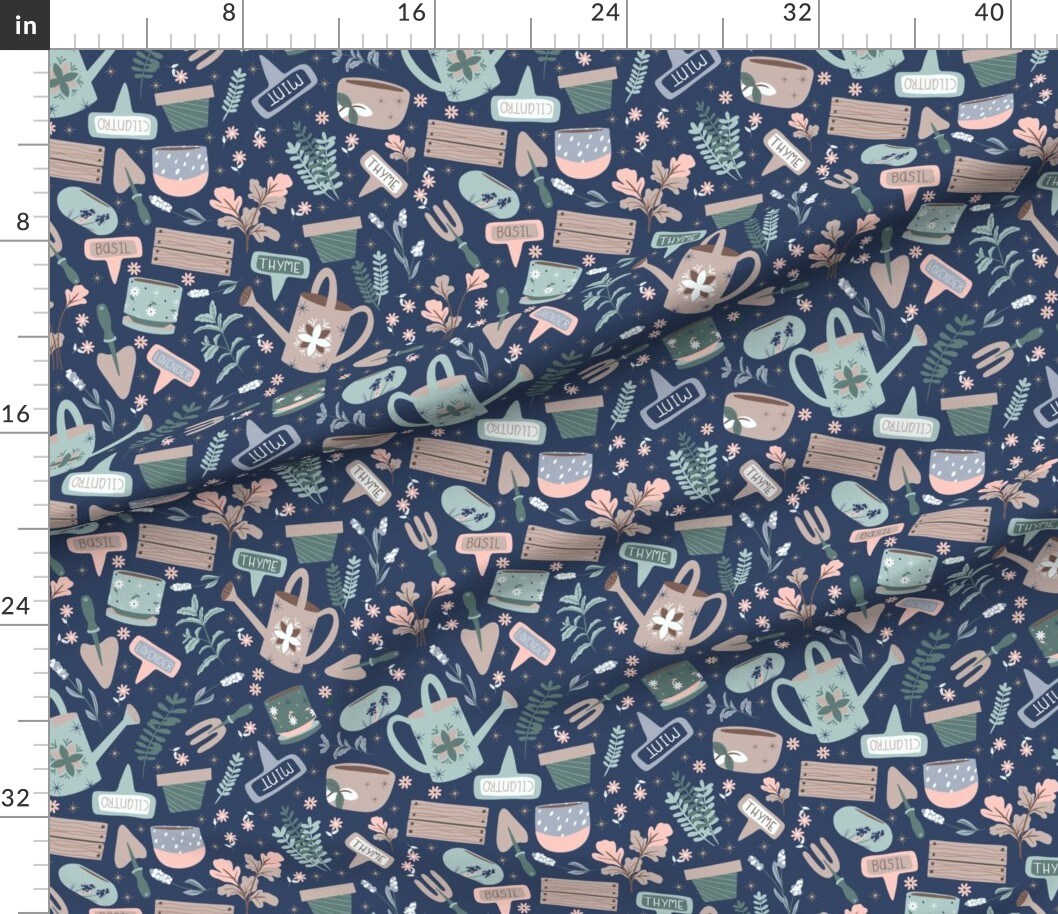 Gardening Plants Herb Garden Kitchen Spring Planting Tools Watering Can Botanical Floral Herbs Flowers Leaves Stars Blue Green Cottage Shed Custom Printed Fabric by Spoonflower Various Fabrics by the Yard or Fat Quarter