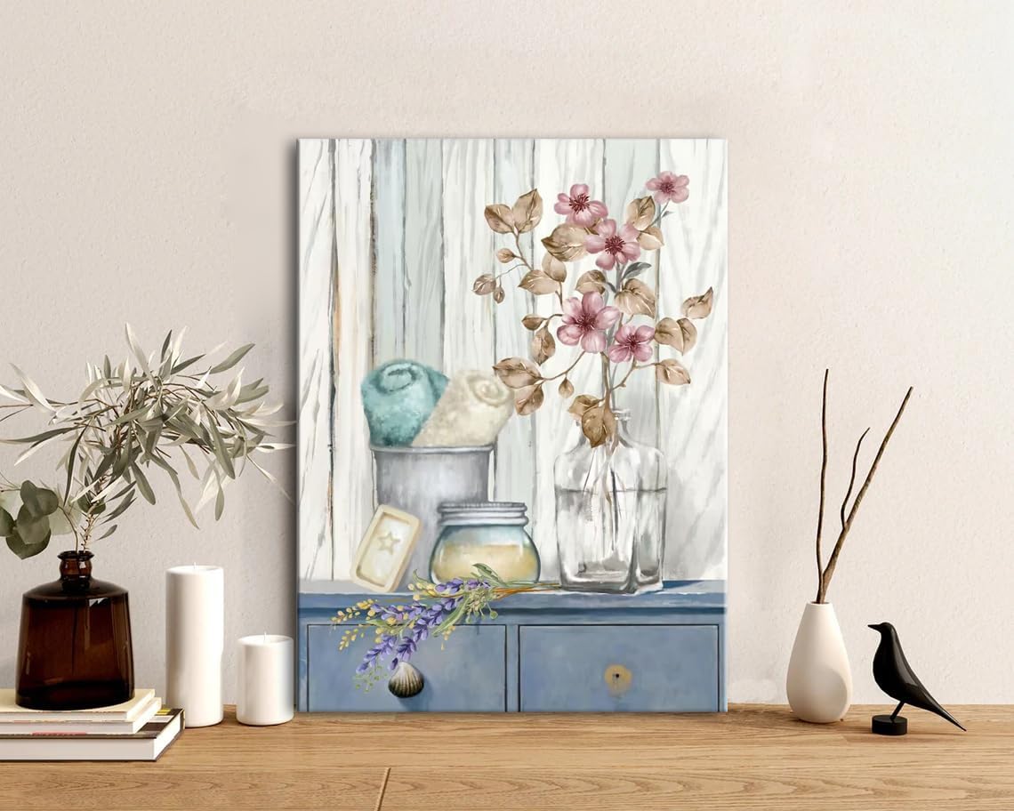 Bathroom Decor Wall Art Farmhouse Flower Pictures Laundry Room Bathroom Wall Decor Pink Poppy Vase Canvas Prints Blue White Painting Framed Artwork