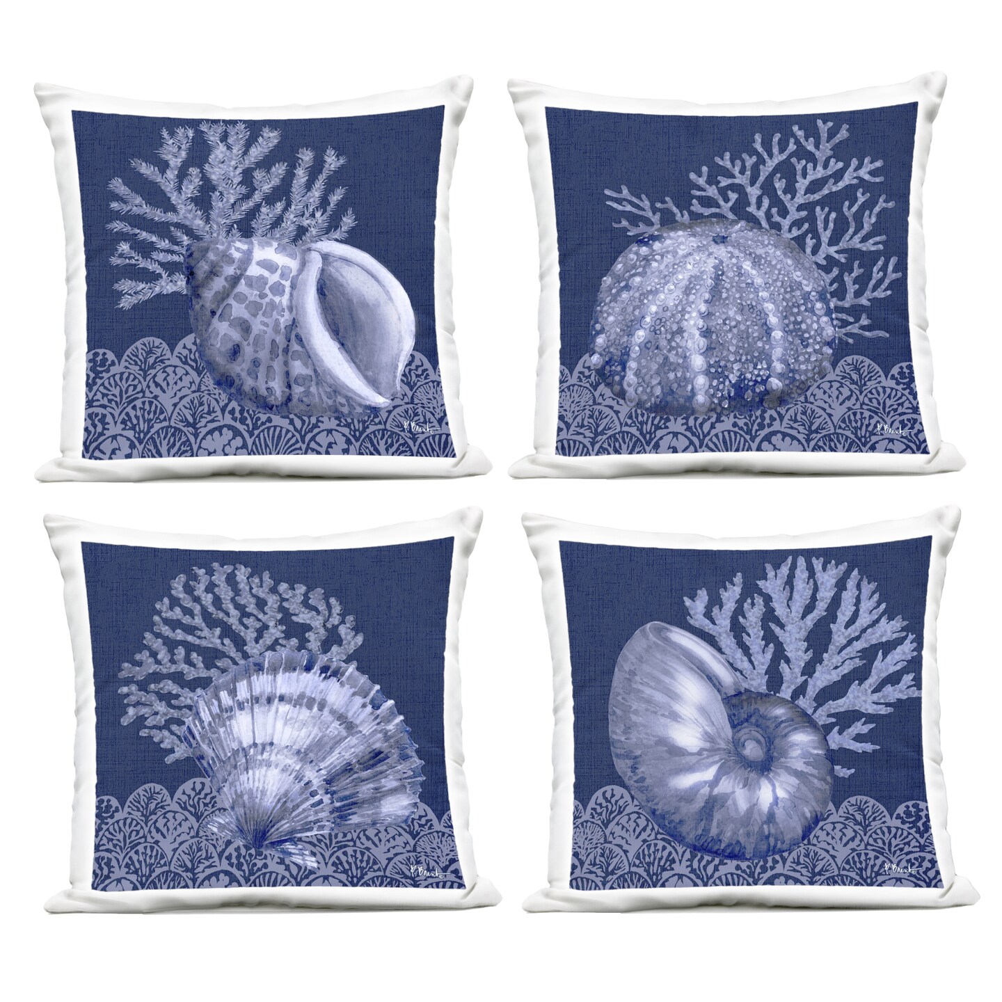 Stupell Industries Indigo Nautical Seashells 4pc Outdoor Printed Throw Pillow Set Design by Paul Brent, 18 x 7 x 18