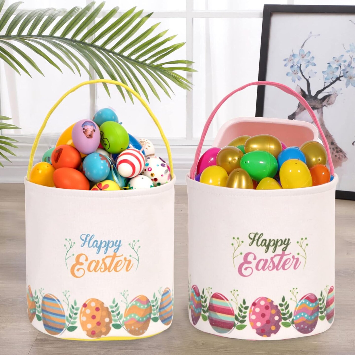 Easter Bunny Basket Egg Buckets Gifts Tote Bags, Canvas Cotton Pink Cute Personalized Egg Hunt Basket Stuffers for Easter Party