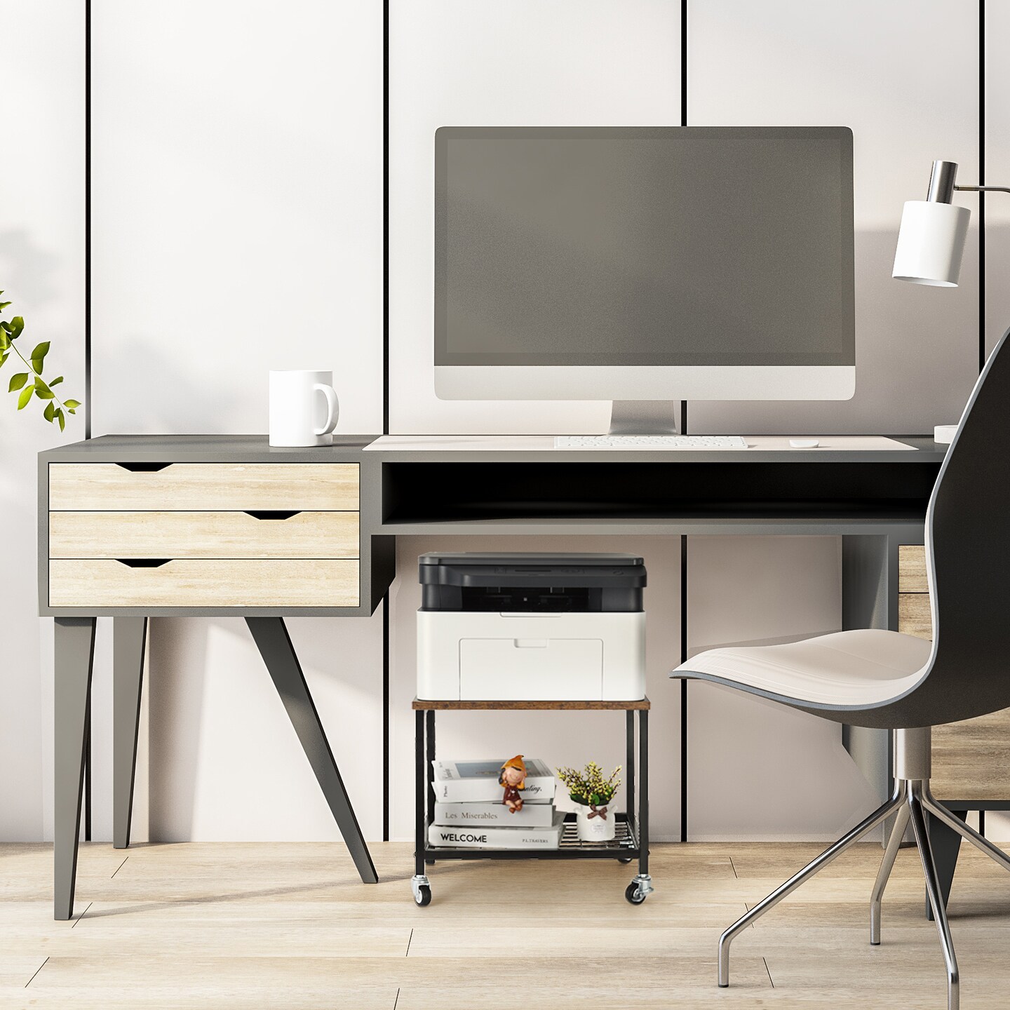 2 Tier Printer Stand with Storage Shelf Wheels Rolling Printer Holder Table Stand