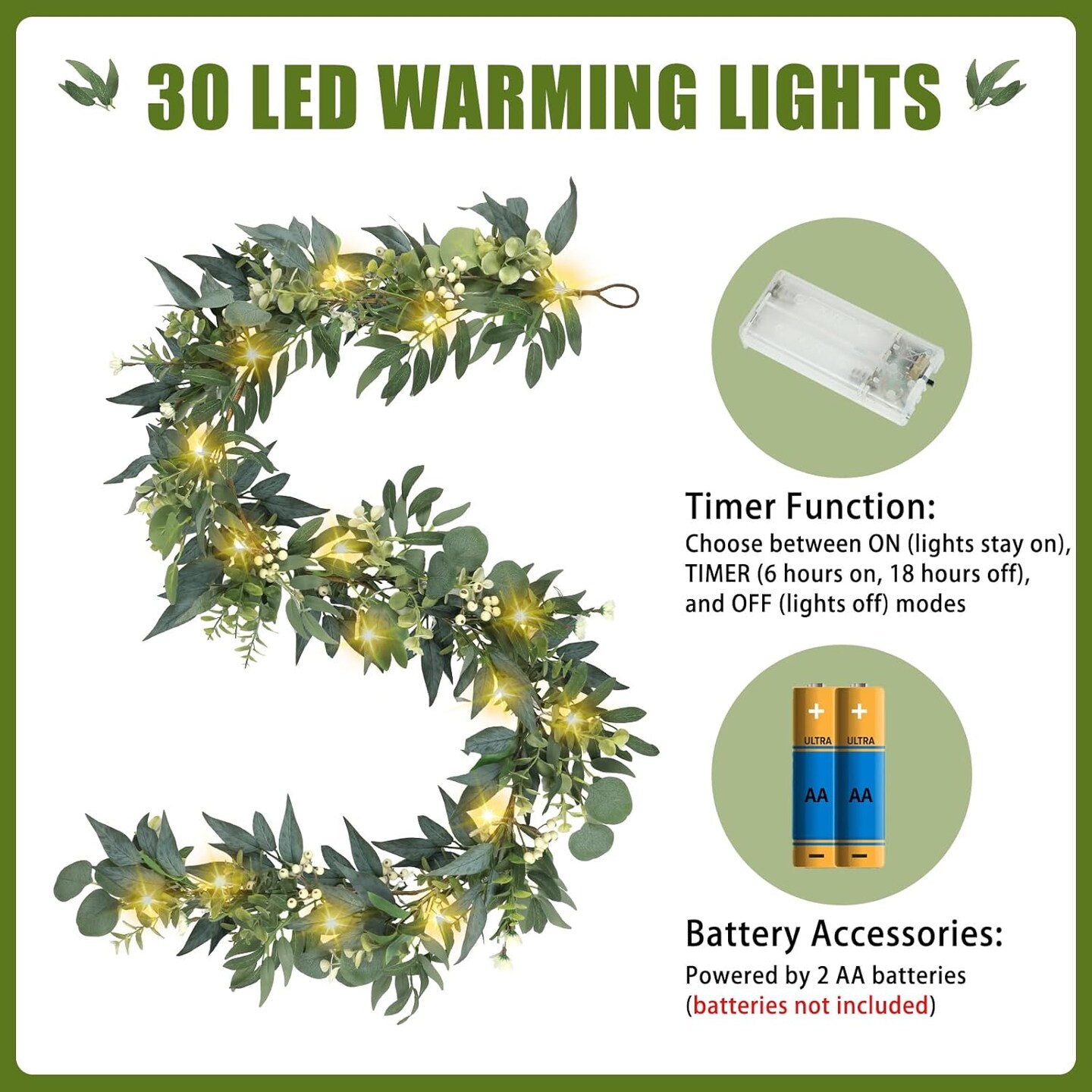 6 Ft Eucalyptus Garland with Lights, Artificial Silver Dollar Greenery