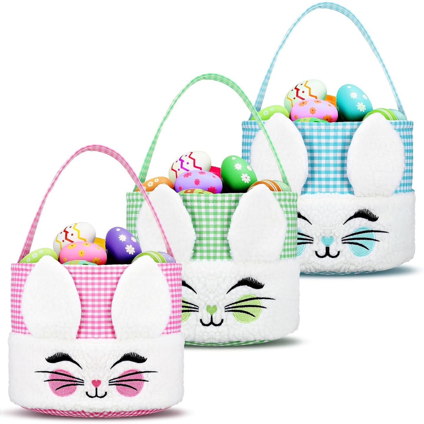 3 Pcs Easter Basket with Handle Soft Plush Empty Bunny Basket for Easter Eggs Treats Candy Gifts