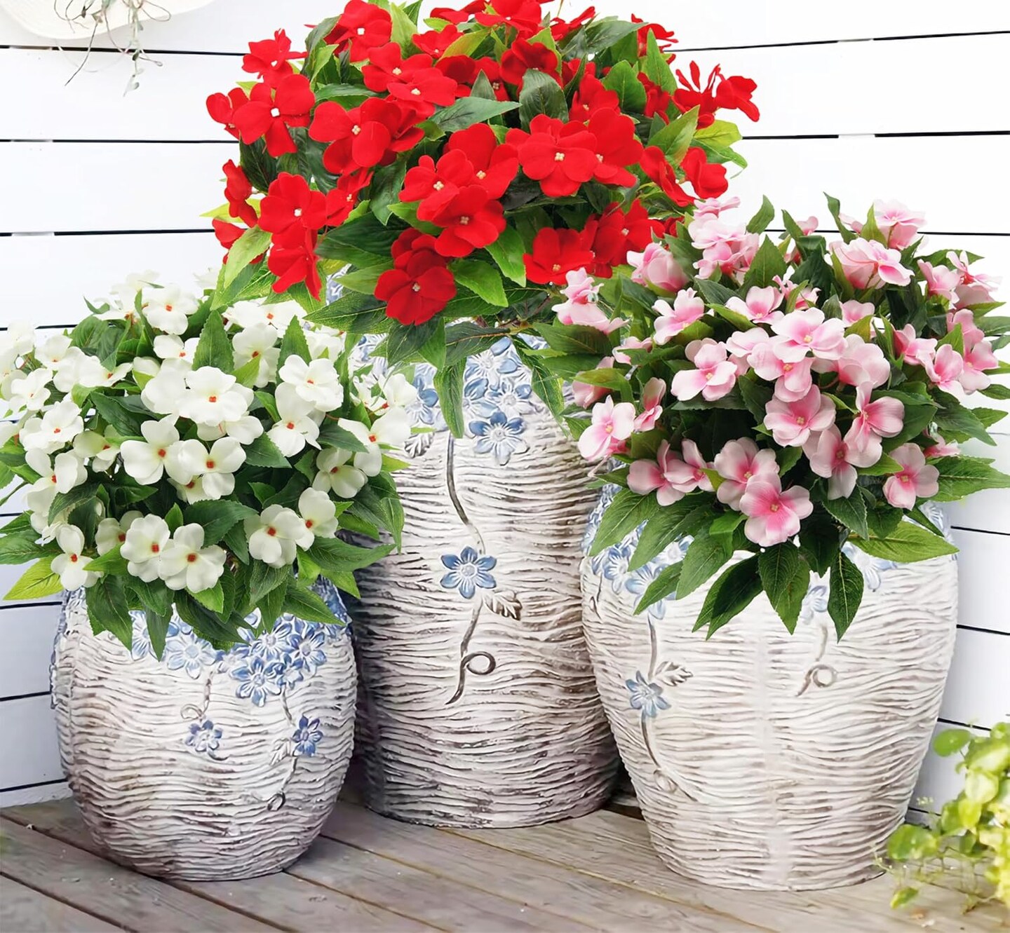 3PCS UV Resistant White Artificial Impatiens for Outdoor Garden, Patio & Porch Décor
