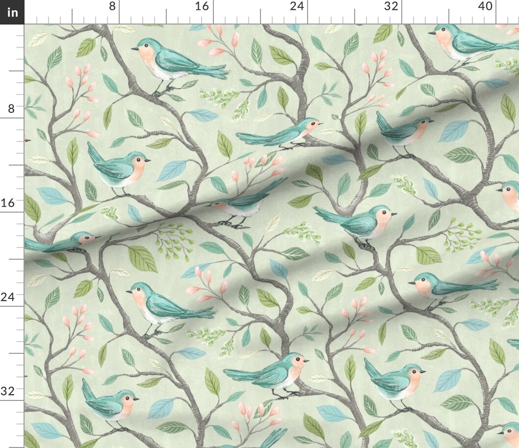 Cottagecore Chinoiserie Nature Birds Botanical Trees Branches Flowers Leaves Blue Bird Floral Faux Texture Brush Strokes Farmhouse Spring Custom Printed Fabric by Spoonflower Various Fabrics by the Yard or Fat Quarter