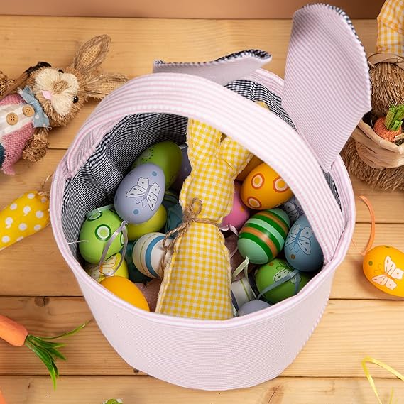 Personalized Easter Basket for Boys Girls, Seersucker Egg Hunt Bunny Baskets for Kids