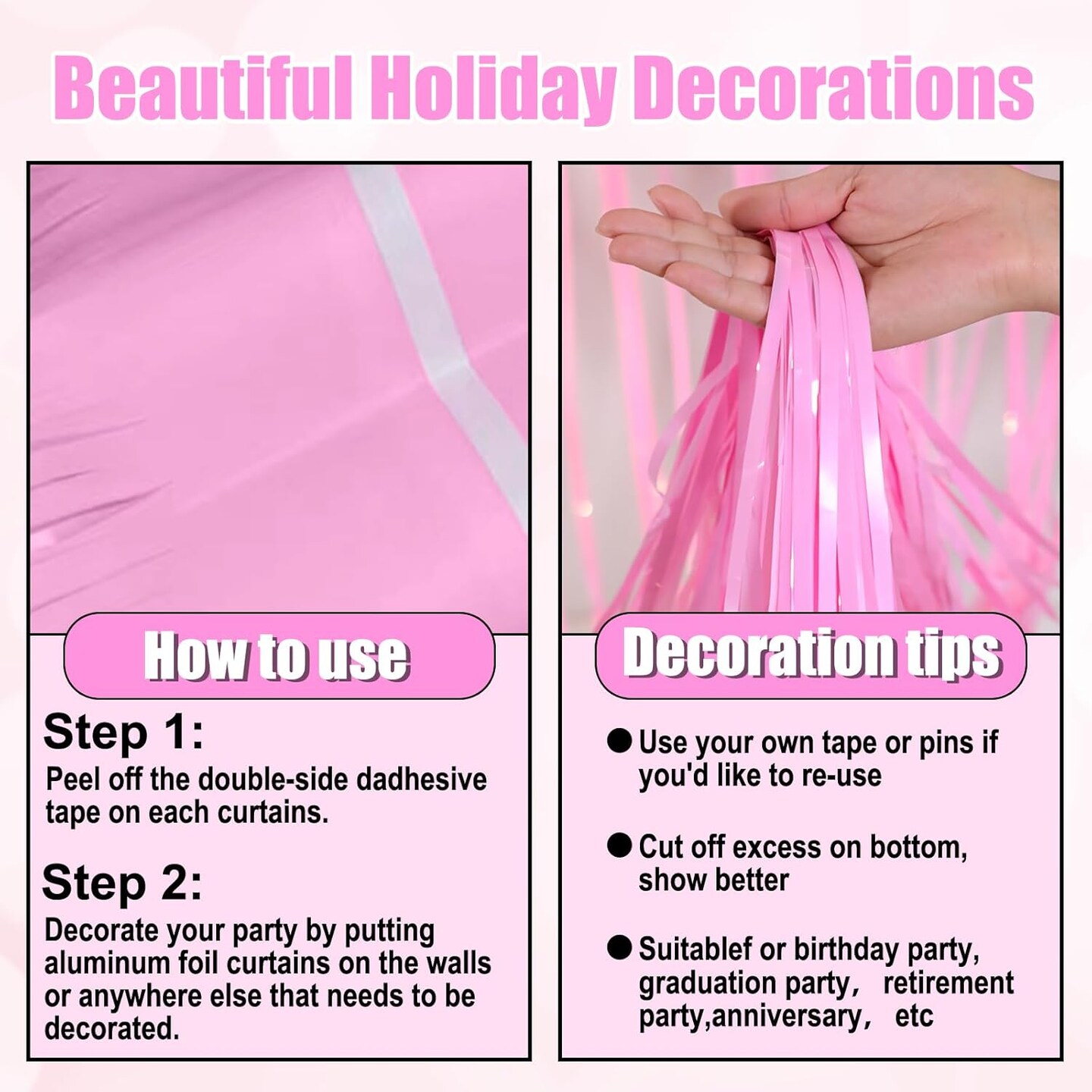 4-Pack 10 ft Macaron Pink Foil Fringe Garland – Metallic Tinsel Party Decor