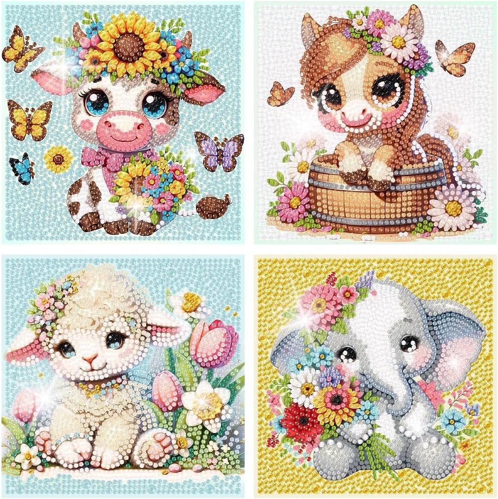 4 Pack 5D Animals Diamond Painting Kits for Kids- Crystal Diamond Art for Adults Kids, DIY Full Drill Animal Family Gem Art Picture