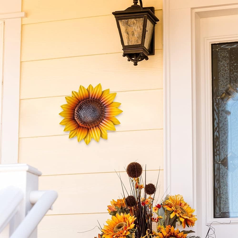 Sunflower Wall Decor - 9'' Metal Flower Wall Art Decorations 3 Pack Spring Yard Garden Sunflower Decor Hanging for Kitchen, Bathroom, Bedroom, Set of 3 Handmade Gift for Home, Indoor, Outdoor