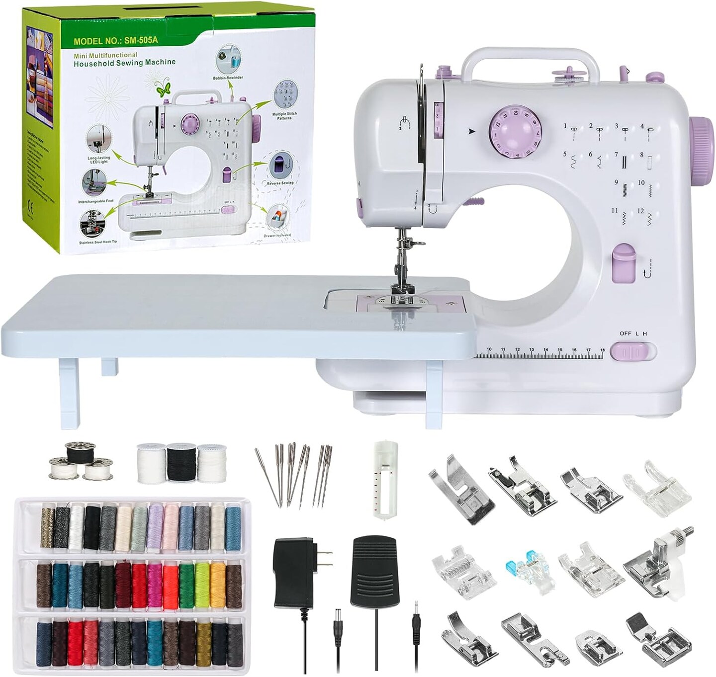 Sewing Machine for Beginners, Mini Sewing Machine Built-in 12 Stitches, 13 Replaceable Presser Feet, Extension Table, Light, Reverse Sewing, 2 Speed Foot Pedal, Portable Sewing Kit