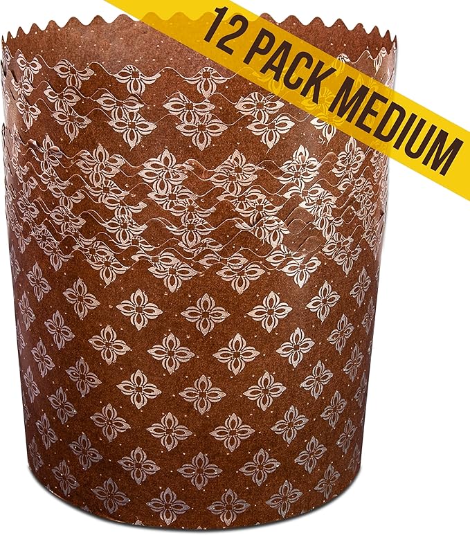 12 oz Easter Bread Forms Paska Mold Kulich |12 pcs| Easter Bread Paper Mold - Panettone Paper Mold - Brown Panettone Paper Baking Molds Universal | Brown Design W 4.3 x H 3.3-In