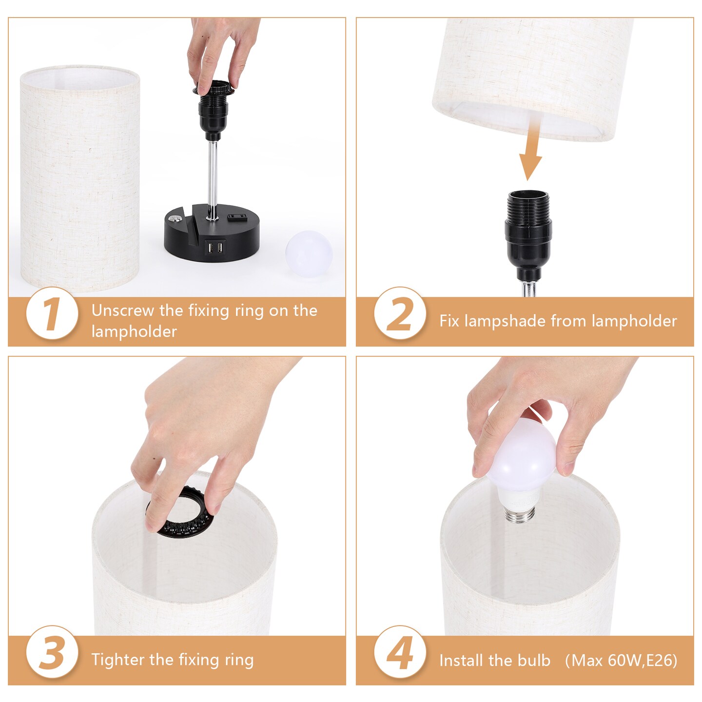 2pcs Touch Control Table Lamps with USB Ports Nightstand Lamp for Living Room