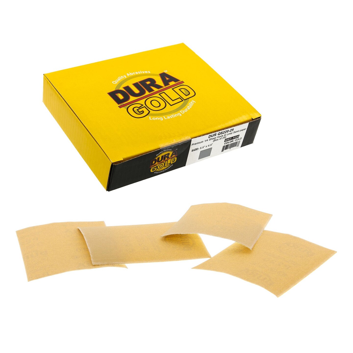 220 Grit - 1/4 Sheet Hook &#x26; Loop Sandpaper 5.5&#x22; x 4.5&#x22; - For Automotive &#x26; Wookworking Palm Sanders - Box of 25