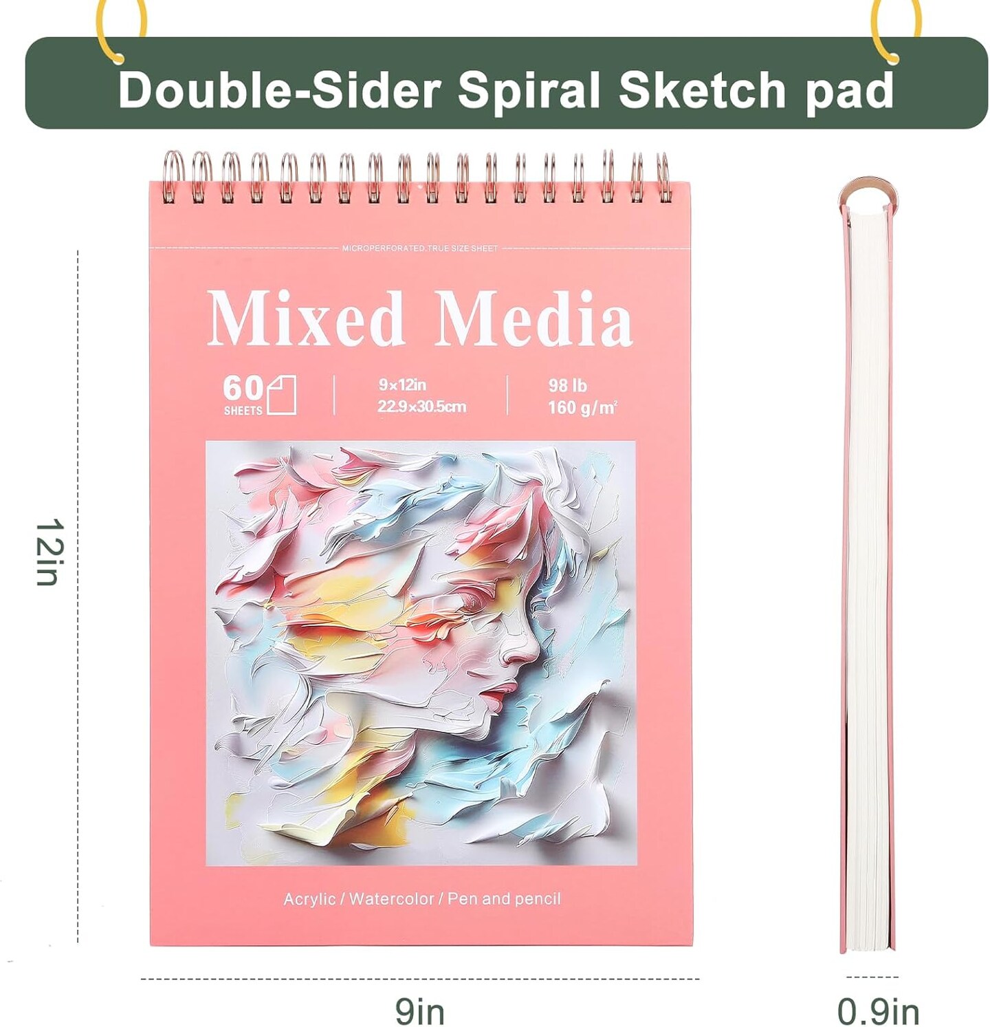 Mixed Media Sketchbook, 9x12 inches Sketch Pad 60 Sheets (98lb/160gsm) Heavyweight Drawing Papers, Top Spiral Bound Hardcover Watercolor Paper, for Wet and Dry Media (1)