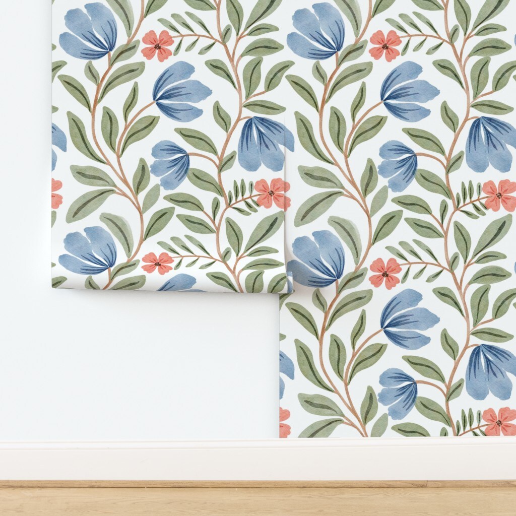 Cottagecore Watercolor Floral Botanical Garden Soft Large Scale Brush Strokes Blooms Nursery Baby Farmhouse Rustic Country Trailing Custom Pre-pasted Wallpaper by Spoonflower Pre-Pasted Wallpaper 2FT Wide