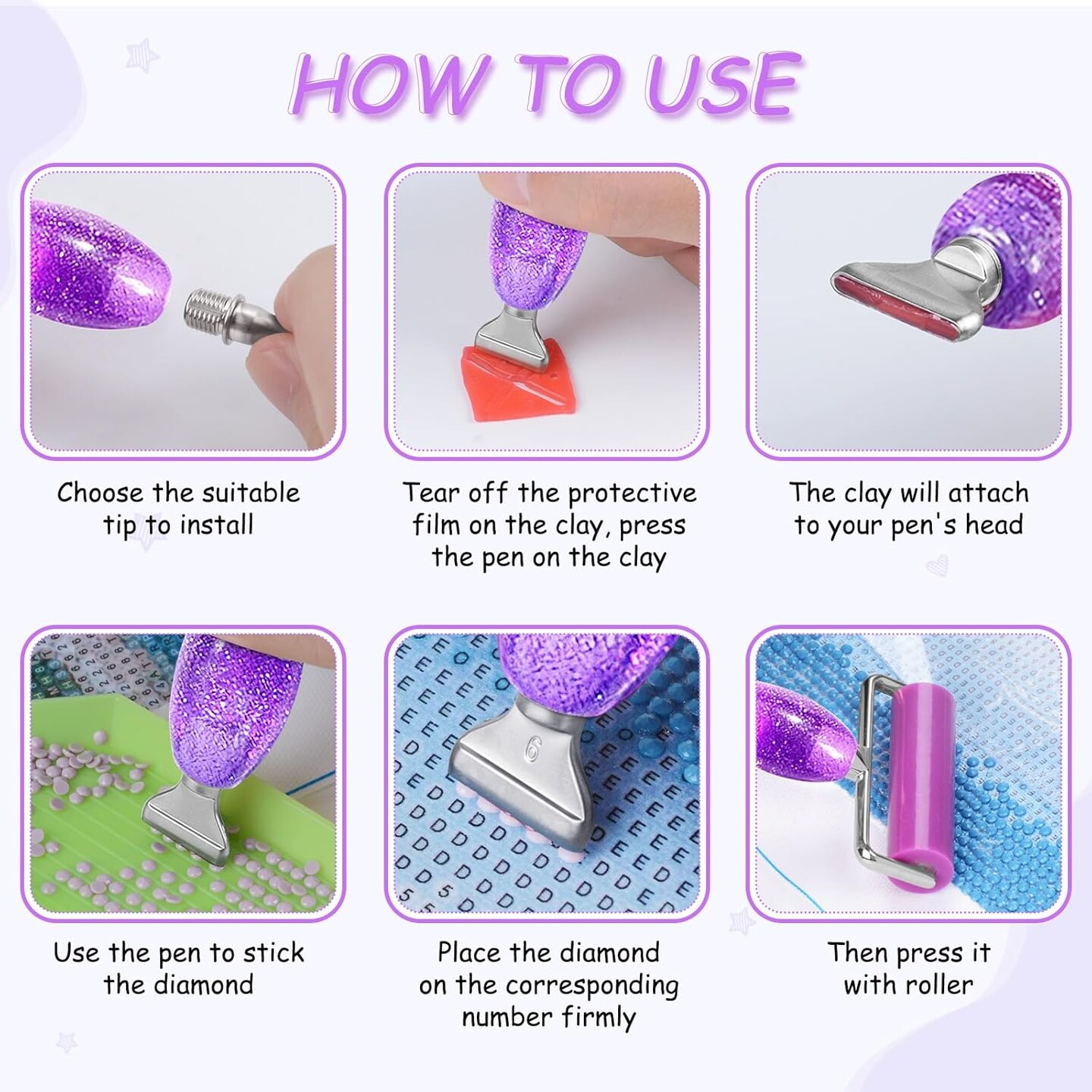 Diamond Art Pen, Diamond Painting Pen with 6 Metal Tips, 6 Painting Glue Clay, Roller, 5D Diamond Art Accessories and Tools for DIY Craft, Purple Blue