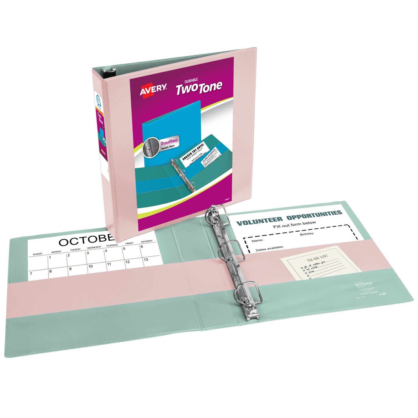 Avery Two-Tone Durable View 3 Ring Binder, 1.5 Inch Slant Rings, Blush/Sage Binder (17234)