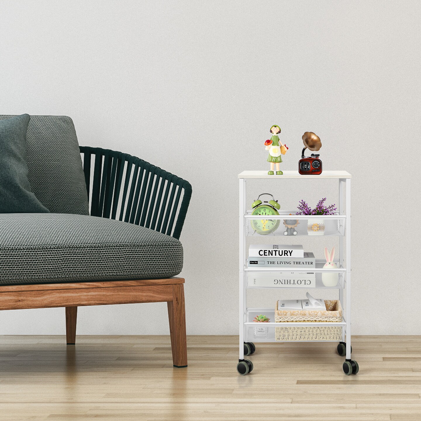 4 Tier Utility Rolling Cart on Wheels Serving Cart with Storage Organizer White