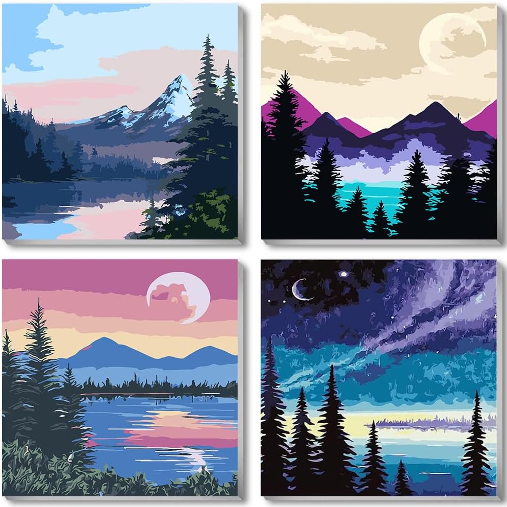 4-Pack Moon Mountain Lake Paint by Numbers Kits 8x8” – DIY Canvas for Adults & Kids