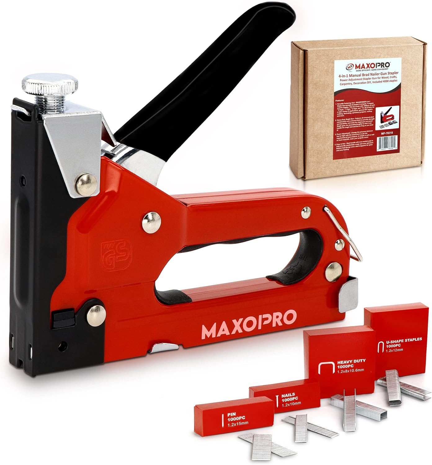 4-in-1 Upholstery Staple Gun &#x2013; Heavy Duty Stapler Gun with Staples 4000 (D, U, I &#x26; T-Type) &#x2013; Manual Power Adjustment Staple Gun for Wood, Material Repair, Crafts, Carpentry, Decoration DIY