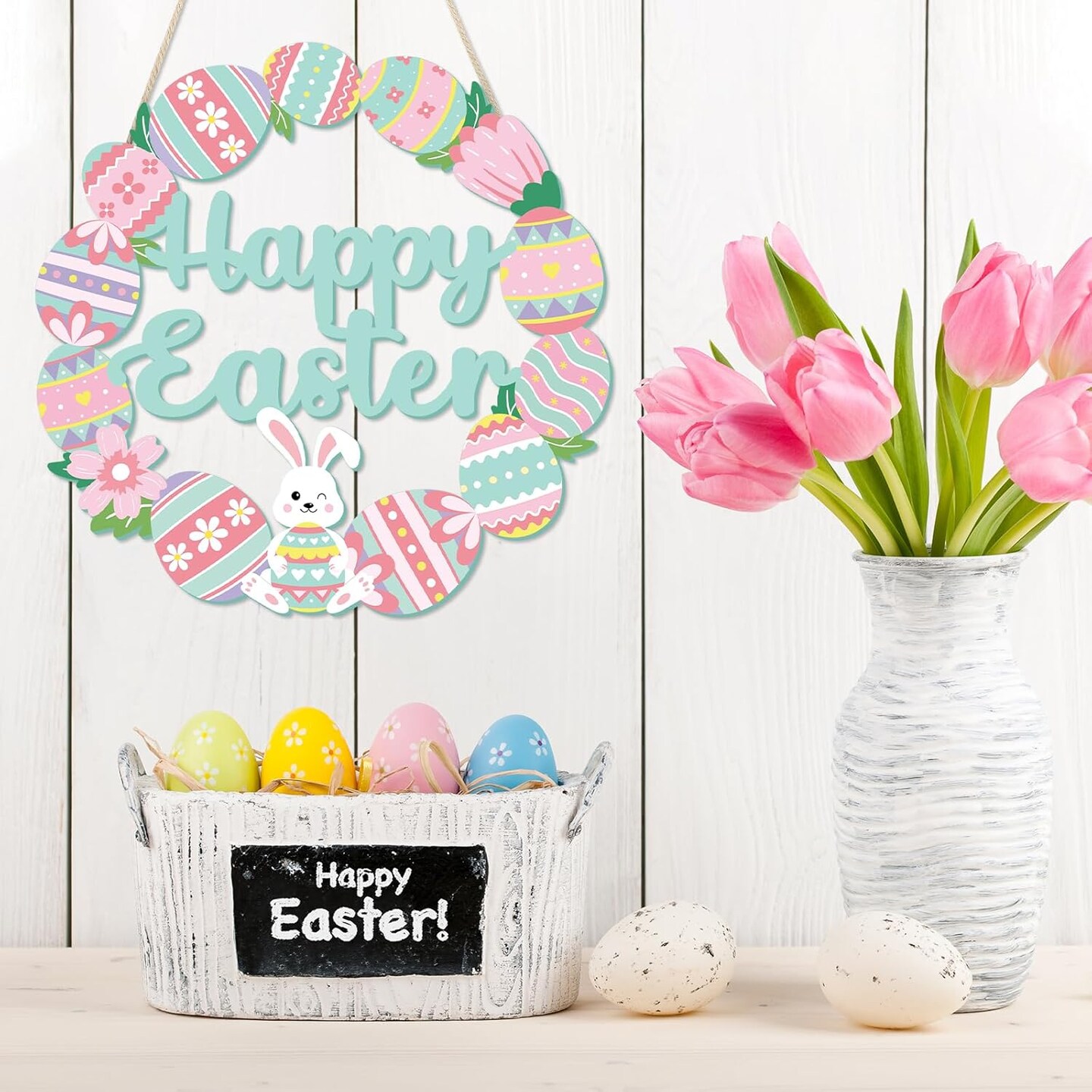 Happy Easter Wooden Sign with Bunny & Eggs – Pink/Green Spring Home Decor