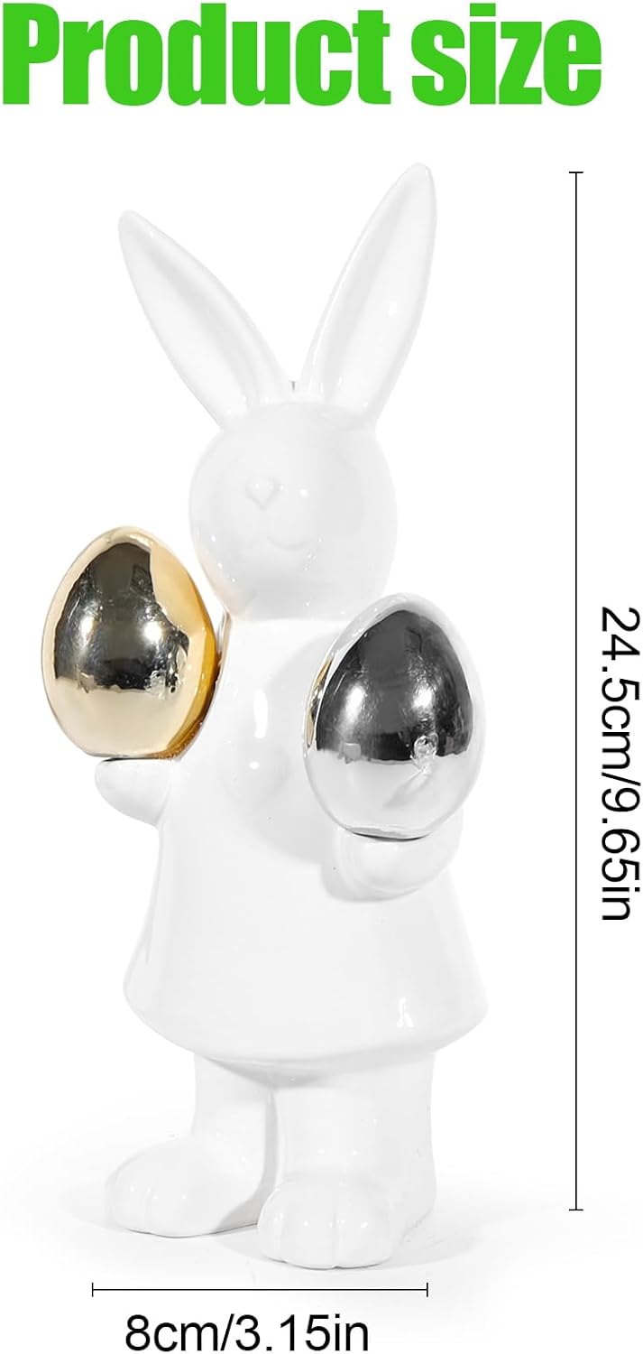 Ceramic Bunny Easter Decor,Table Rabbit Easter Decorations,Spring Bunnies Decoration Statue Figurine for Home Farmhouse(Gold and Silver Eggs-Big)