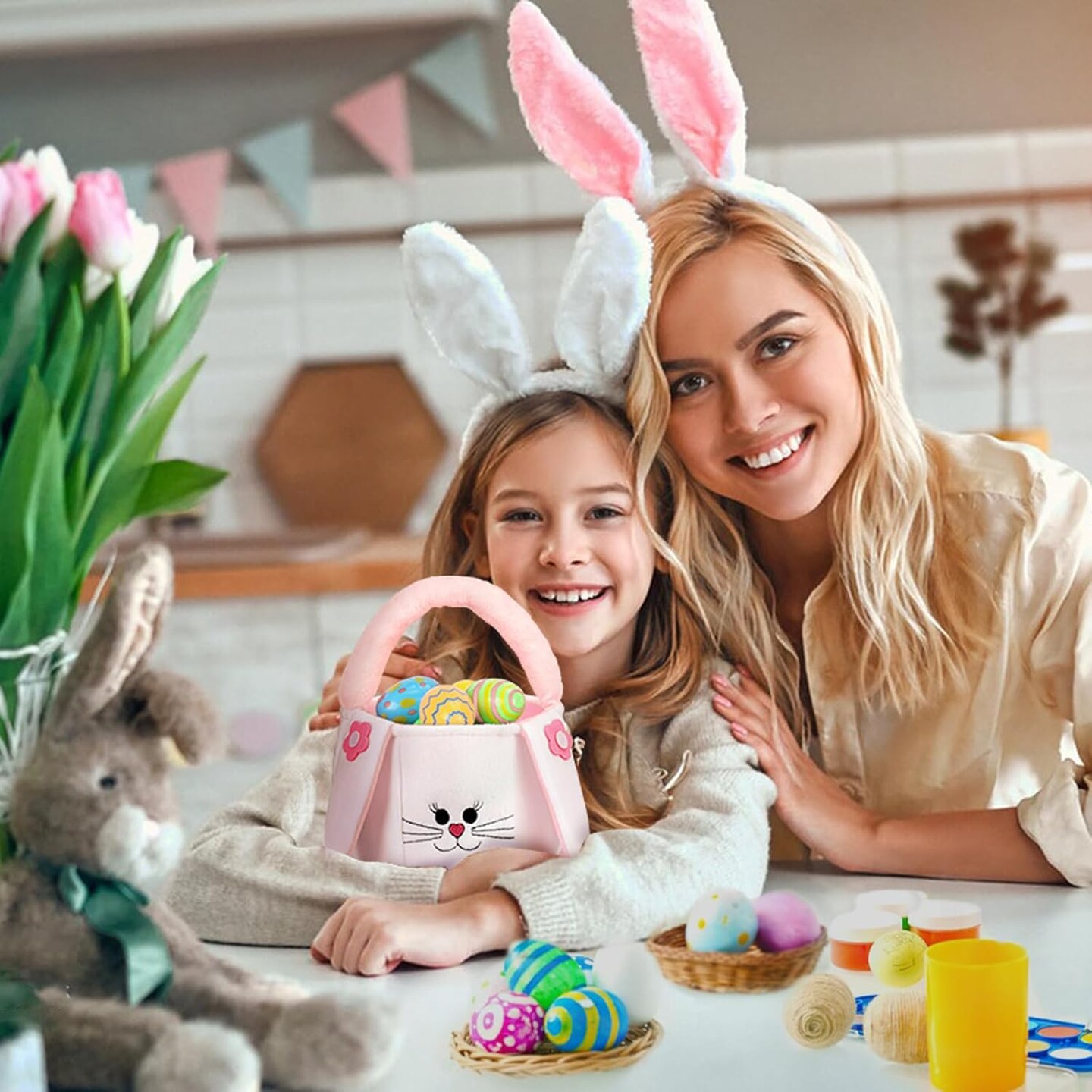 Easter Basket for Kids Empty - Bunny Easter Buckets with Rabbit Ears, Large Easter Basket Tote Bags for Egg Hunts, Easter Gifts for Girls