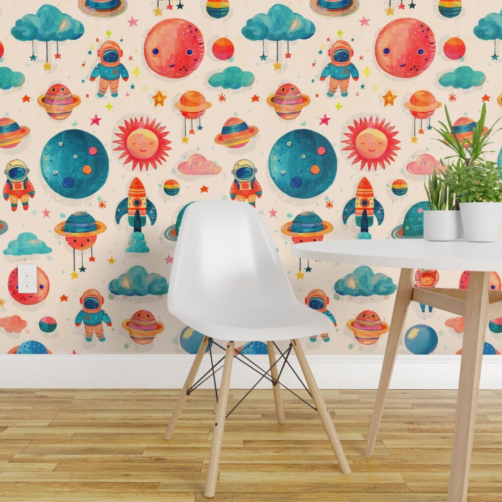 Pre-Pasted Wallpaper 2FT Wide Whimsical Watercolor Baby Kids Nursery Planets Space Ship Stars Moon Clouds Celestial Brush Strokes Astronaut Outer Novelty Sky Galaxy Custom Pre-pasted Wallpaper by Spoonflower