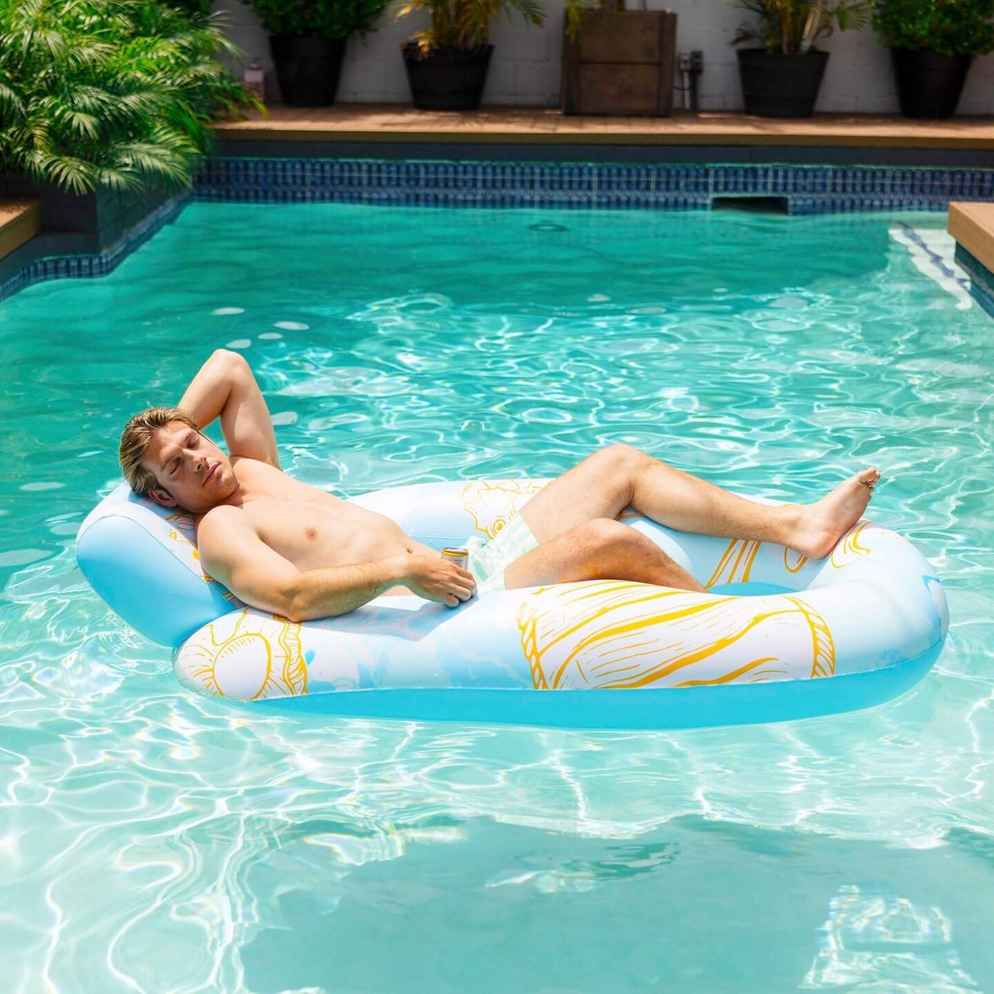 Blue Inflatable Pool Float for Relaxing with Cup Holder