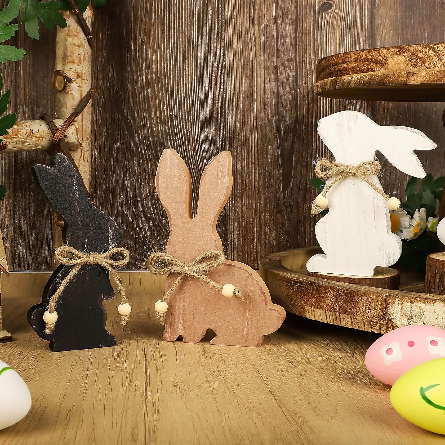 Easter Decorations for the Home, Rustic Farmhouse Wooden Bunny Blocks Tiered Tray Decor Set of 3, Vintage Wood Bunnies Sign for Table Top Office Party Shelf Decoration (Colorful)